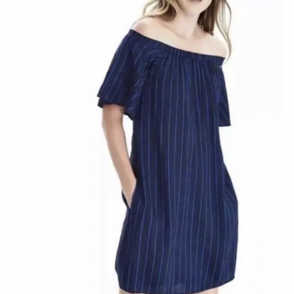 Banana Republic Blue and Black Striped Off the Shoulder Shift Dress